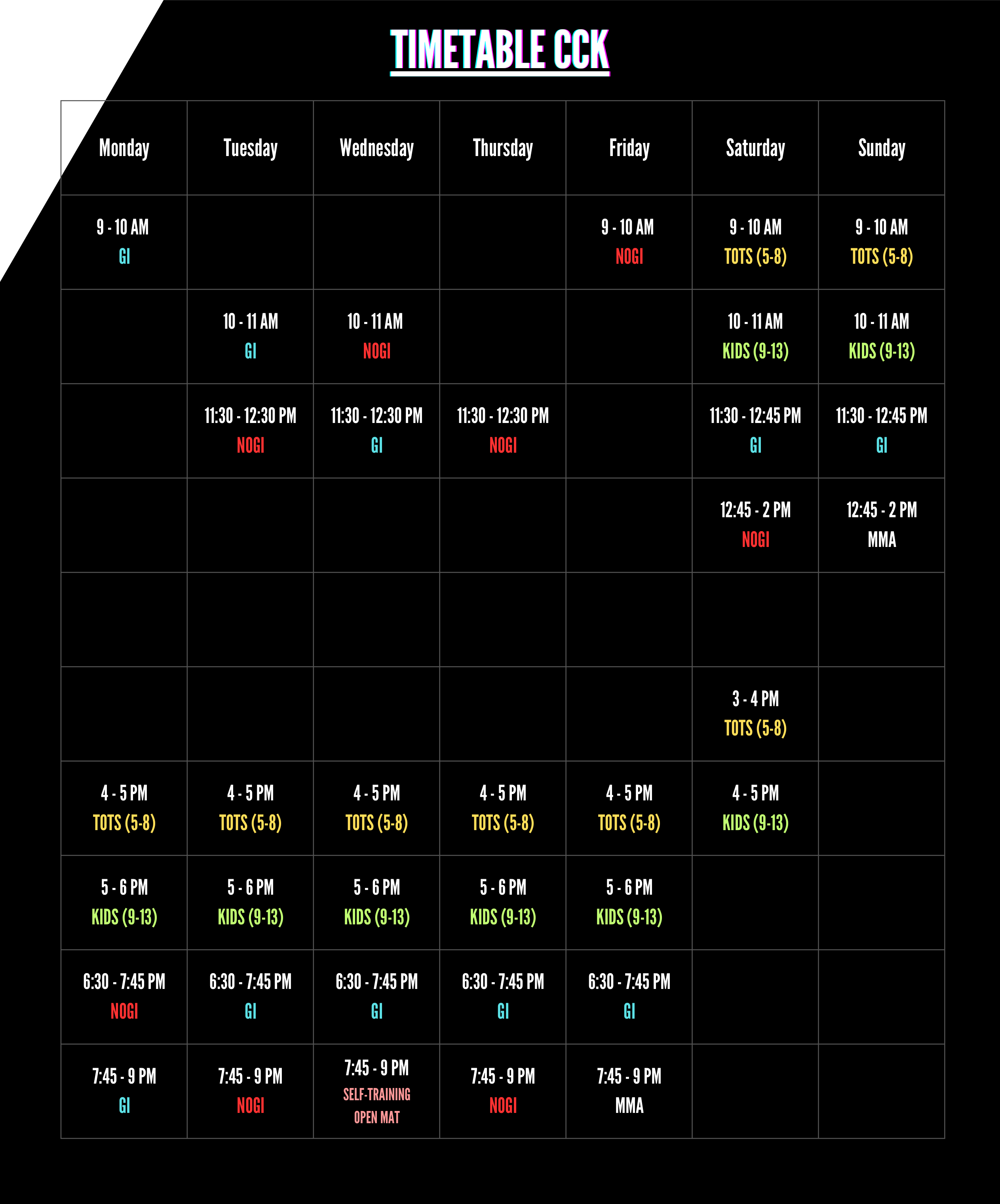 Safra Choa Chu Kang class timetable showing weekly schedule for GI, No-GI, Kids, Tots, and MMA classes