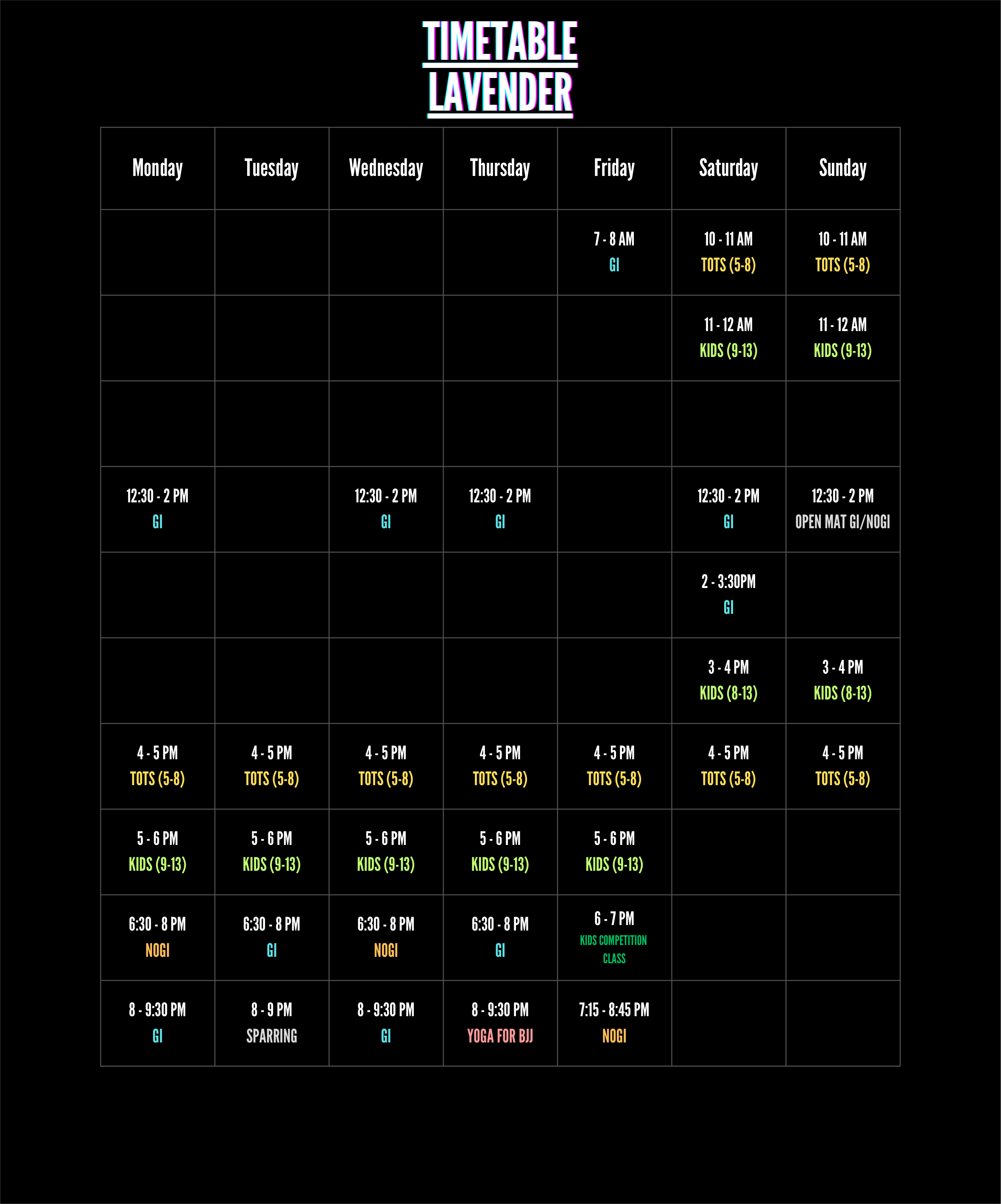 Lavender class timetable showing weekly schedule for GI, No-GI, Kids, and Tots classes
